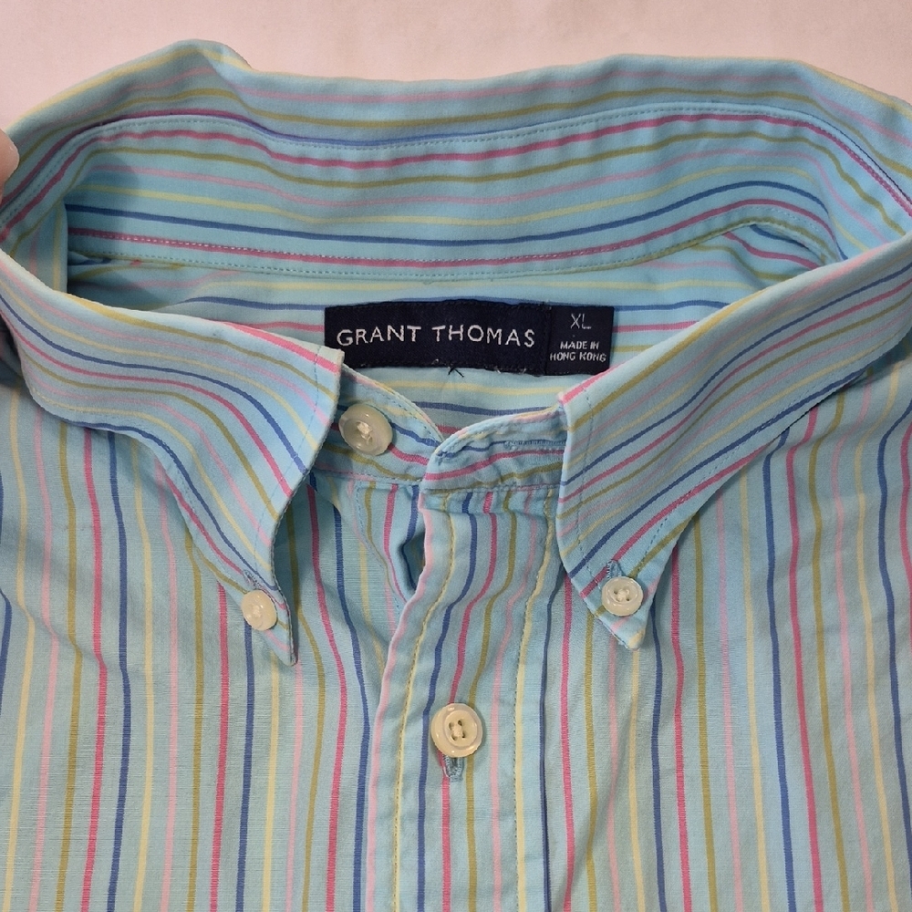 Grant Thomas XL 100% Cotton Casual Blue and Pink Button Down Short Sleeve Shirt